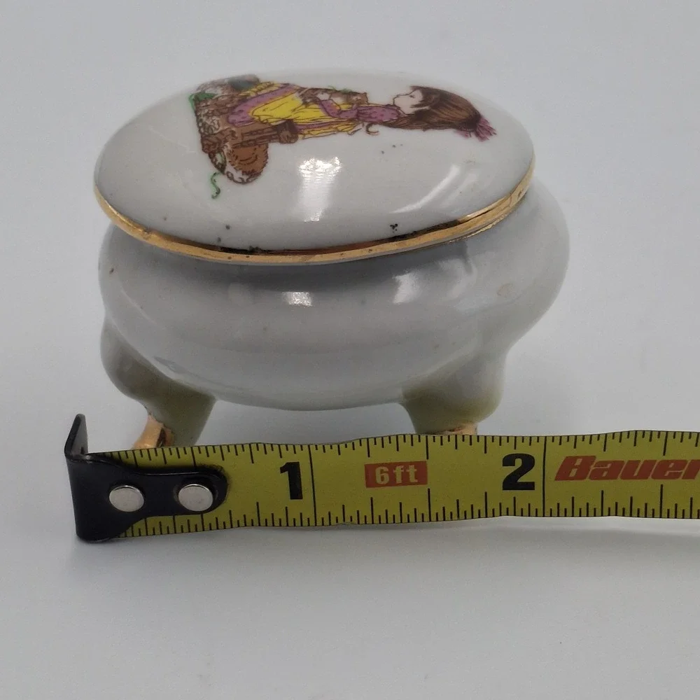 Vintage Petticoats & Pantaloons Roth Footed Trinket Box Porcelain Girl Cat Japan